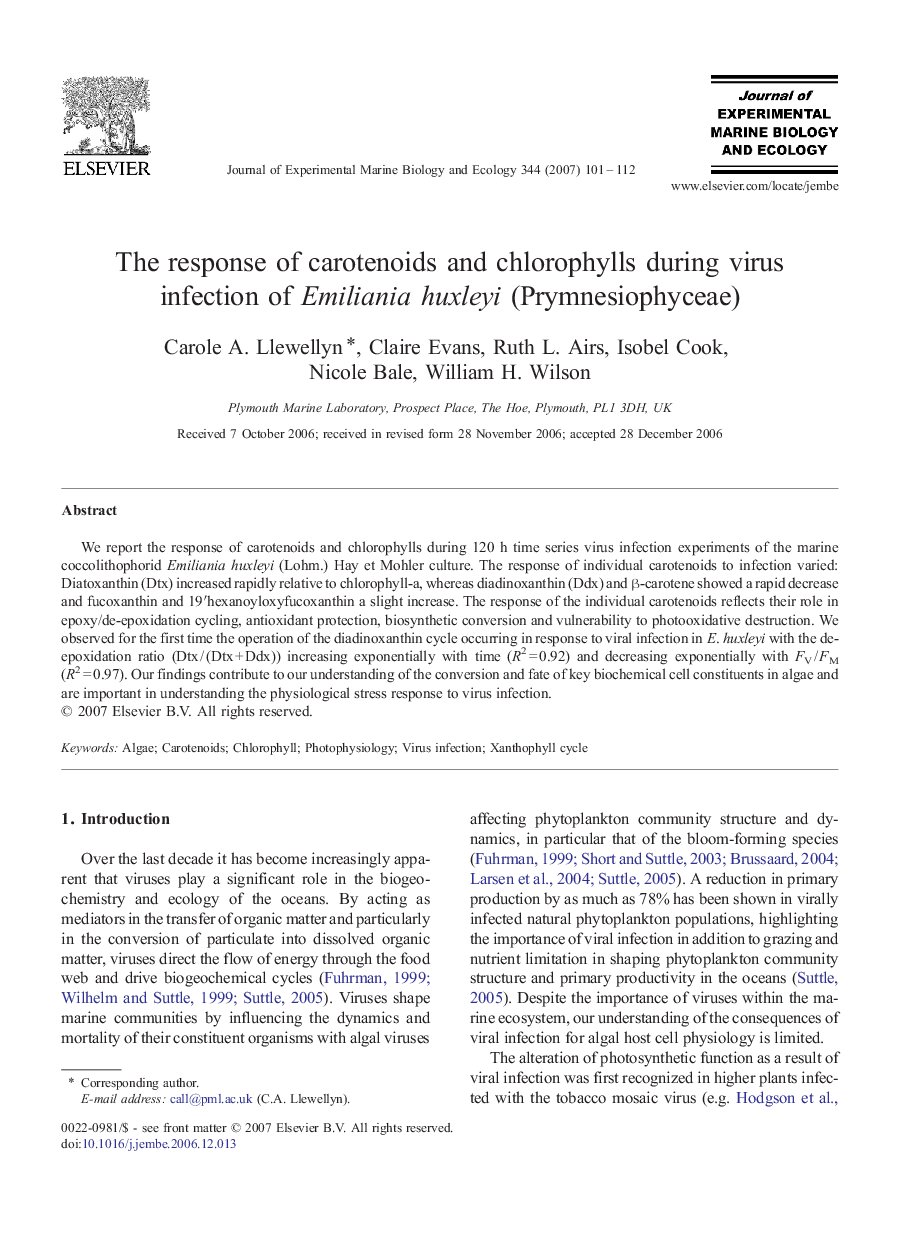 The response of carotenoids and chlorophylls during virus infection of Emiliania huxleyi (Prymnesiophyceae)