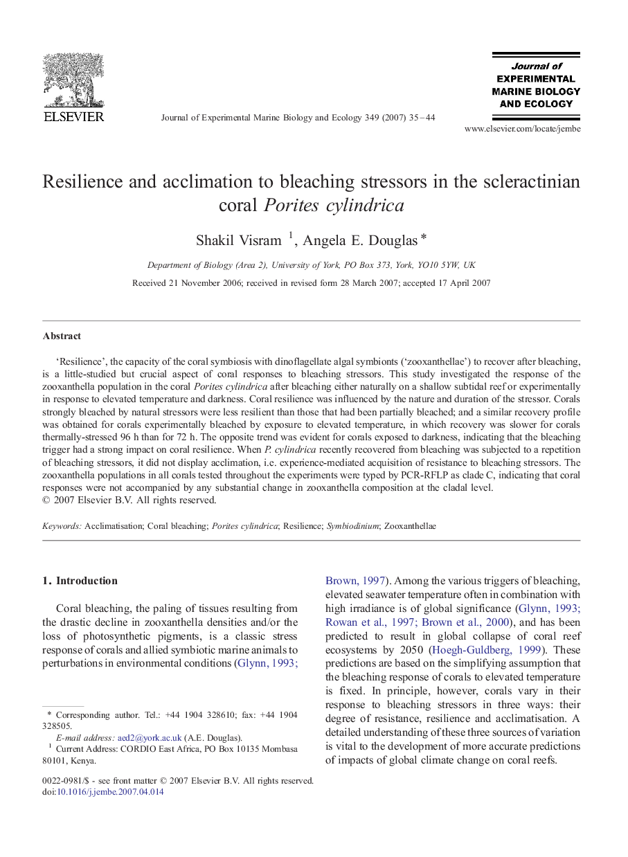 Resilience and acclimation to bleaching stressors in the scleractinian coral Porites cylindrica