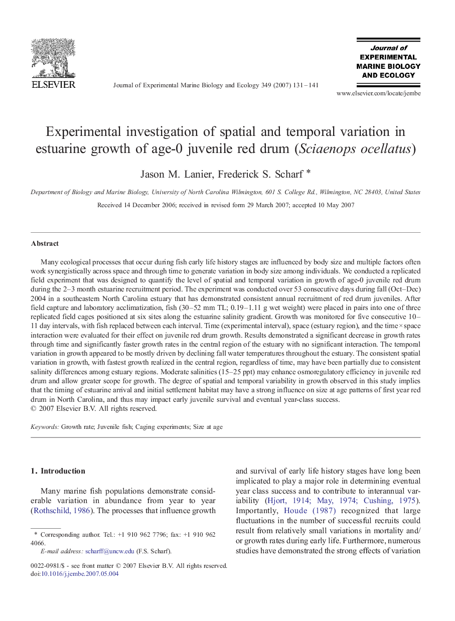 Experimental investigation of spatial and temporal variation in estuarine growth of age-0 juvenile red drum (Sciaenops ocellatus)