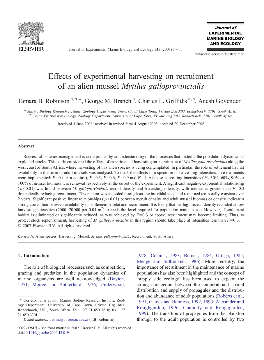 Effects of experimental harvesting on recruitment of an alien mussel Mytilus galloprovincialis