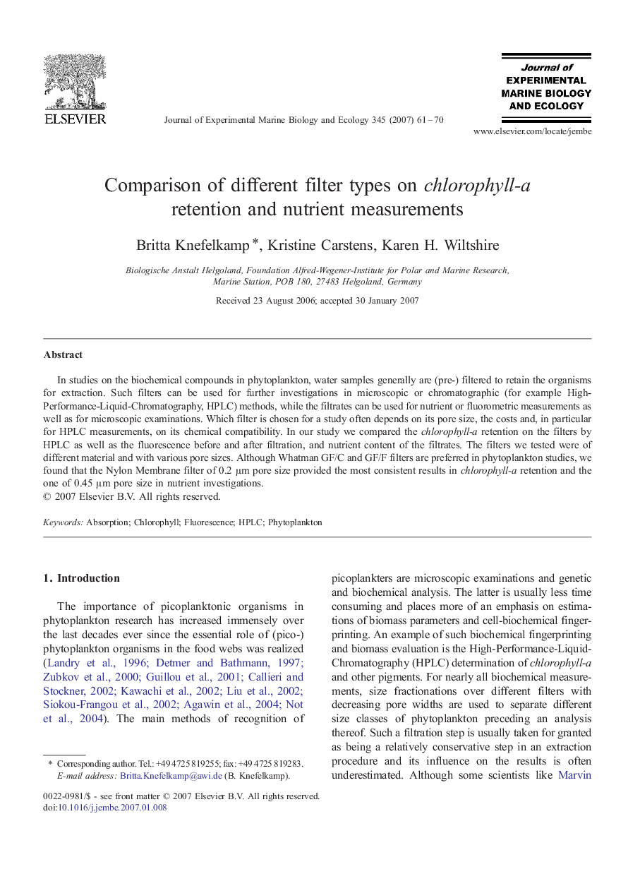 Comparison of different filter types on chlorophyll-a retention and nutrient measurements