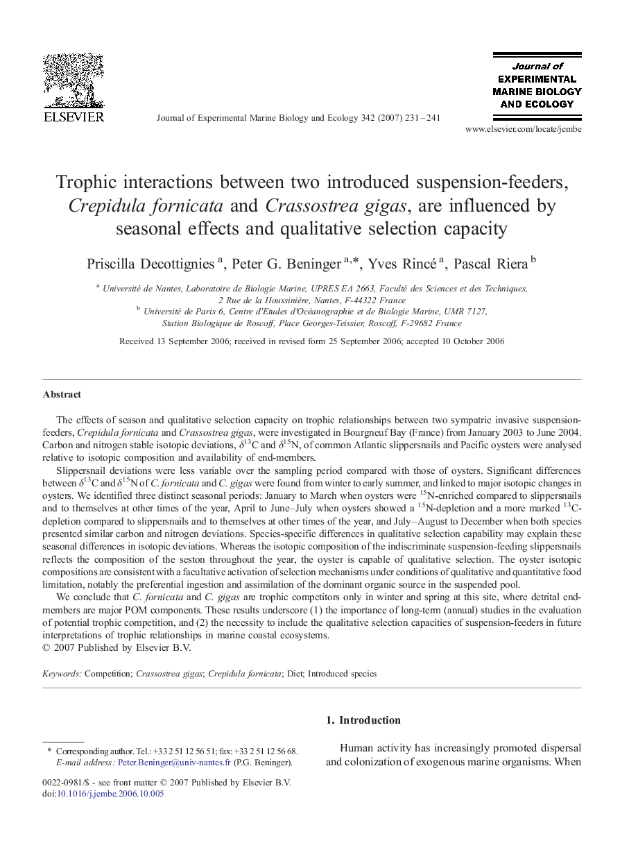 Trophic interactions between two introduced suspension-feeders, Crepidula fornicata and Crassostrea gigas, are influenced by seasonal effects and qualitative selection capacity