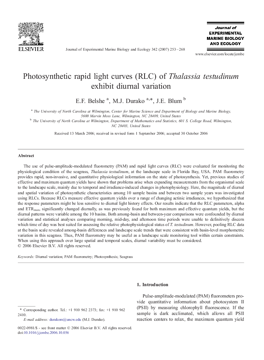 Photosynthetic rapid light curves (RLC) of Thalassia testudinum exhibit diurnal variation