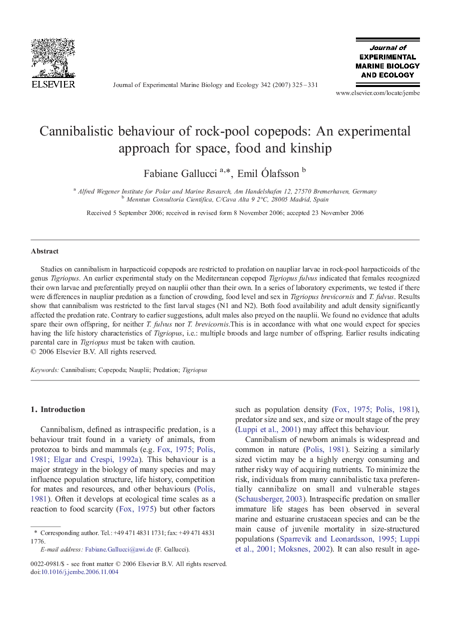 Cannibalistic behaviour of rock-pool copepods: An experimental approach for space, food and kinship