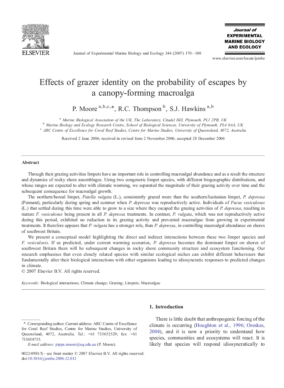 Effects of grazer identity on the probability of escapes by a canopy-forming macroalga