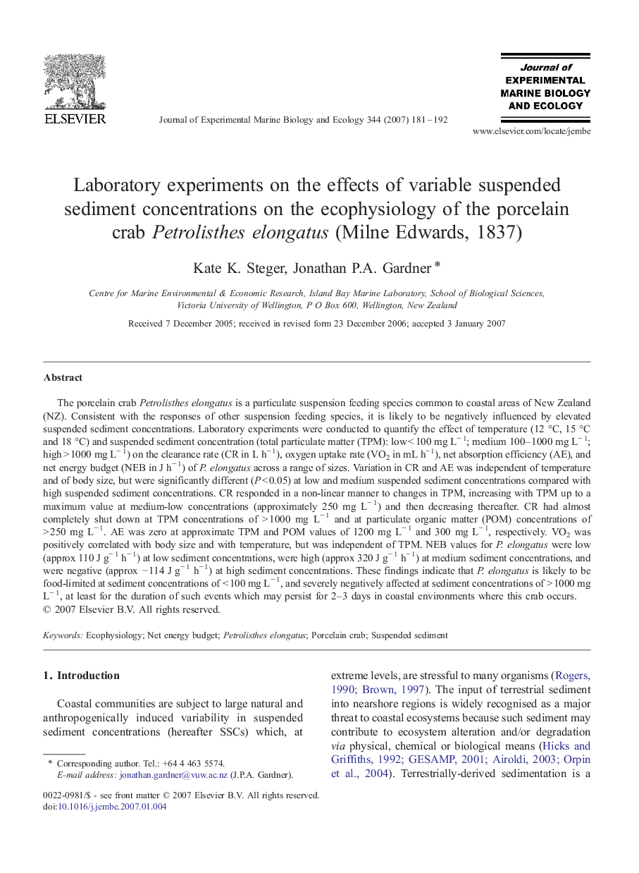 Laboratory experiments on the effects of variable suspended sediment concentrations on the ecophysiology of the porcelain crab Petrolisthes elongatus (Milne Edwards, 1837)