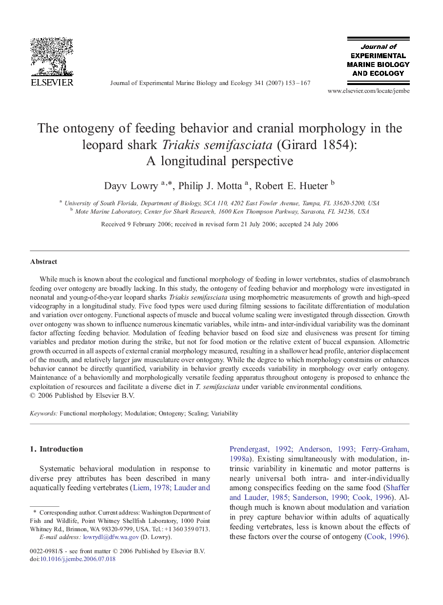 The ontogeny of feeding behavior and cranial morphology in the leopard shark Triakis semifasciata (Girard 1854): A longitudinal perspective