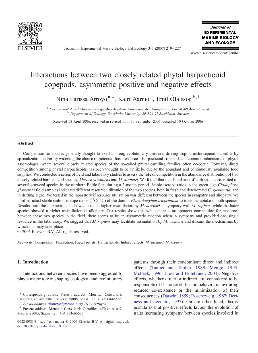 Interactions between two closely related phytal harpacticoid copepods, asymmetric positive and negative effects