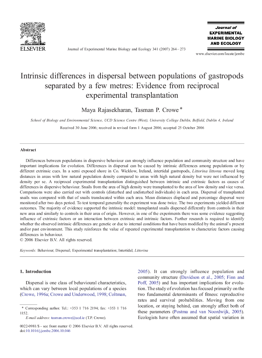 Intrinsic differences in dispersal between populations of gastropods separated by a few metres: Evidence from reciprocal experimental transplantation