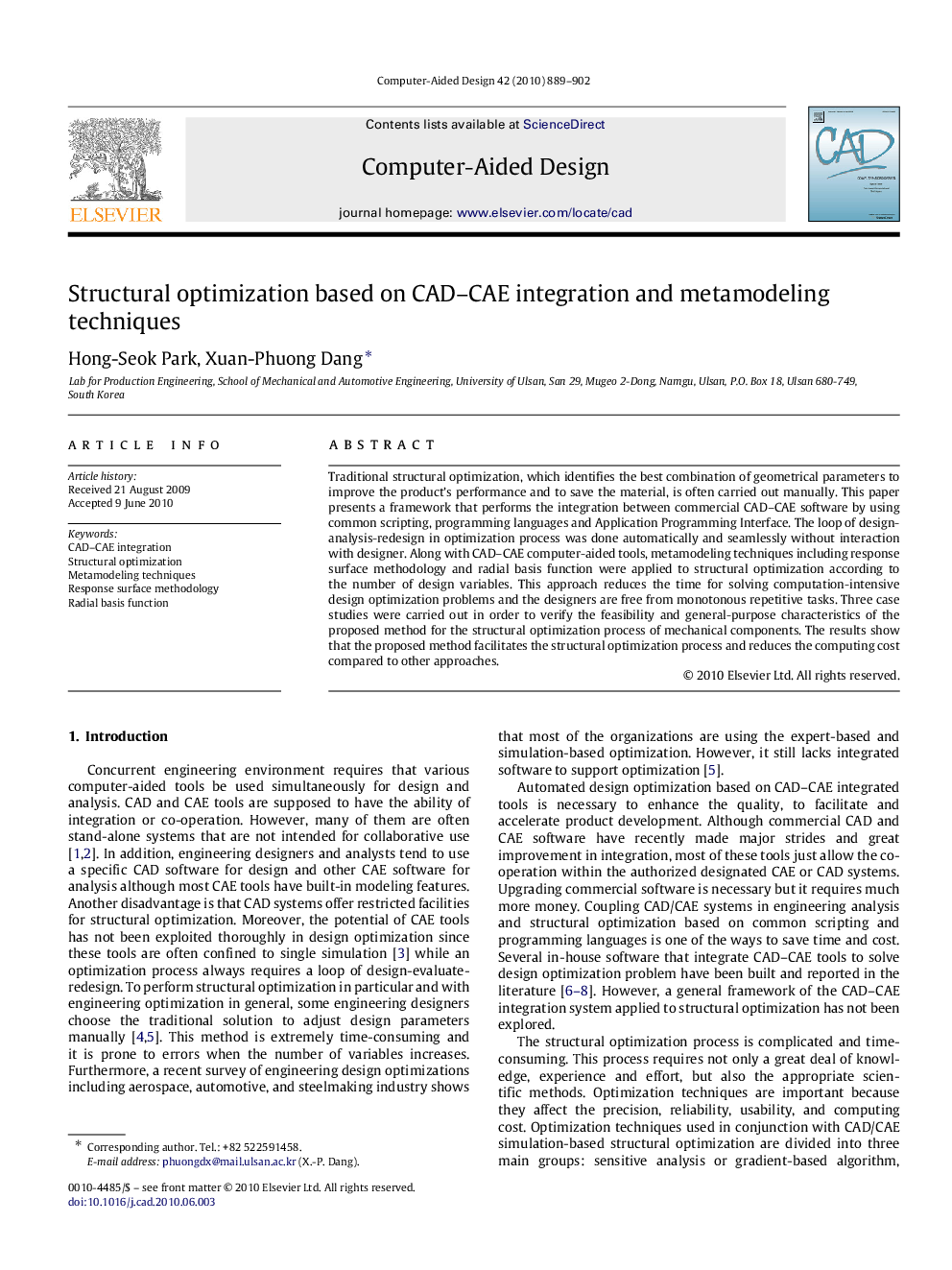 Structural optimization based on CAD–CAE integration and metamodeling techniques