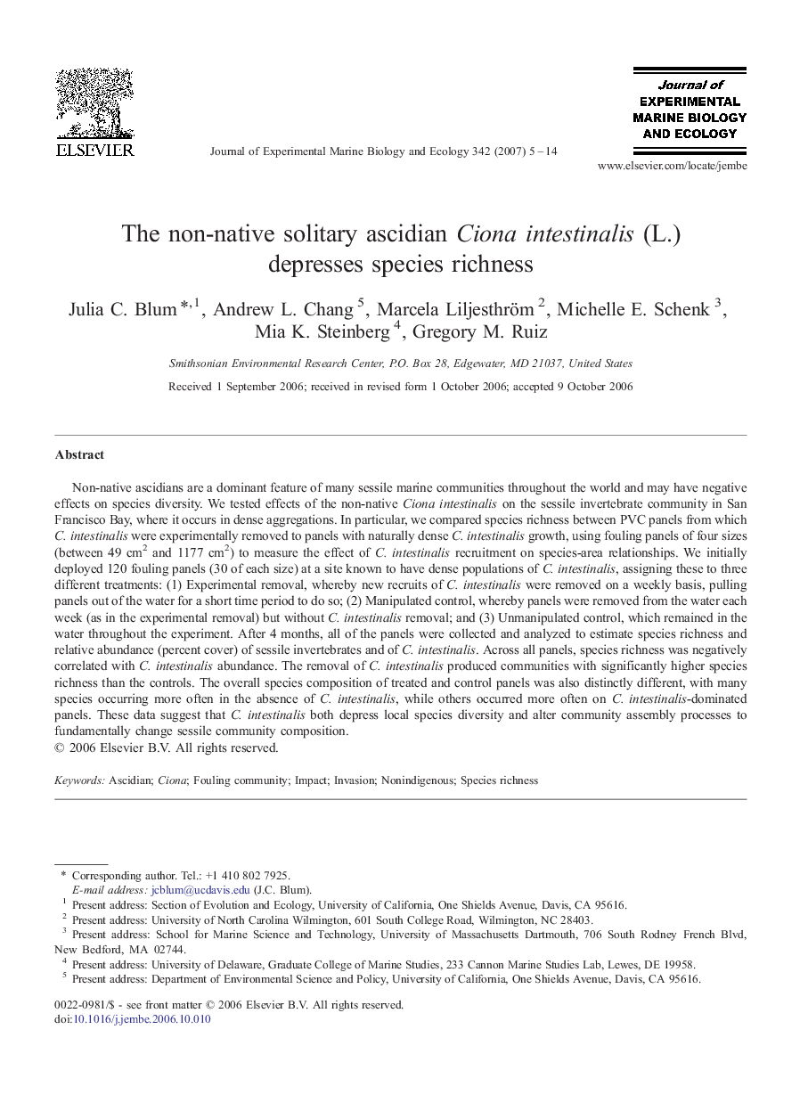 The non-native solitary ascidian Ciona intestinalis (L.) depresses species richness