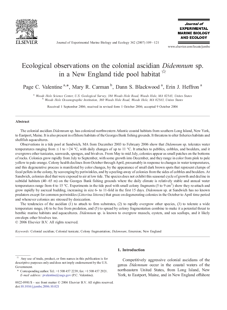 Ecological observations on the colonial ascidian Didemnum sp. in a New England tide pool habitat 