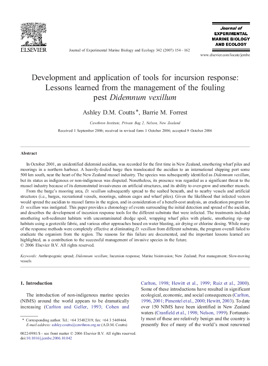 Development and application of tools for incursion response: Lessons learned from the management of the fouling pest Didemnum vexillum