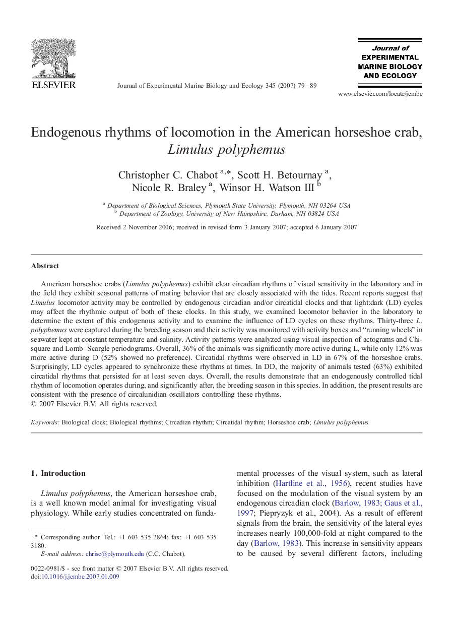 Endogenous rhythms of locomotion in the American horseshoe crab, Limulus polyphemus