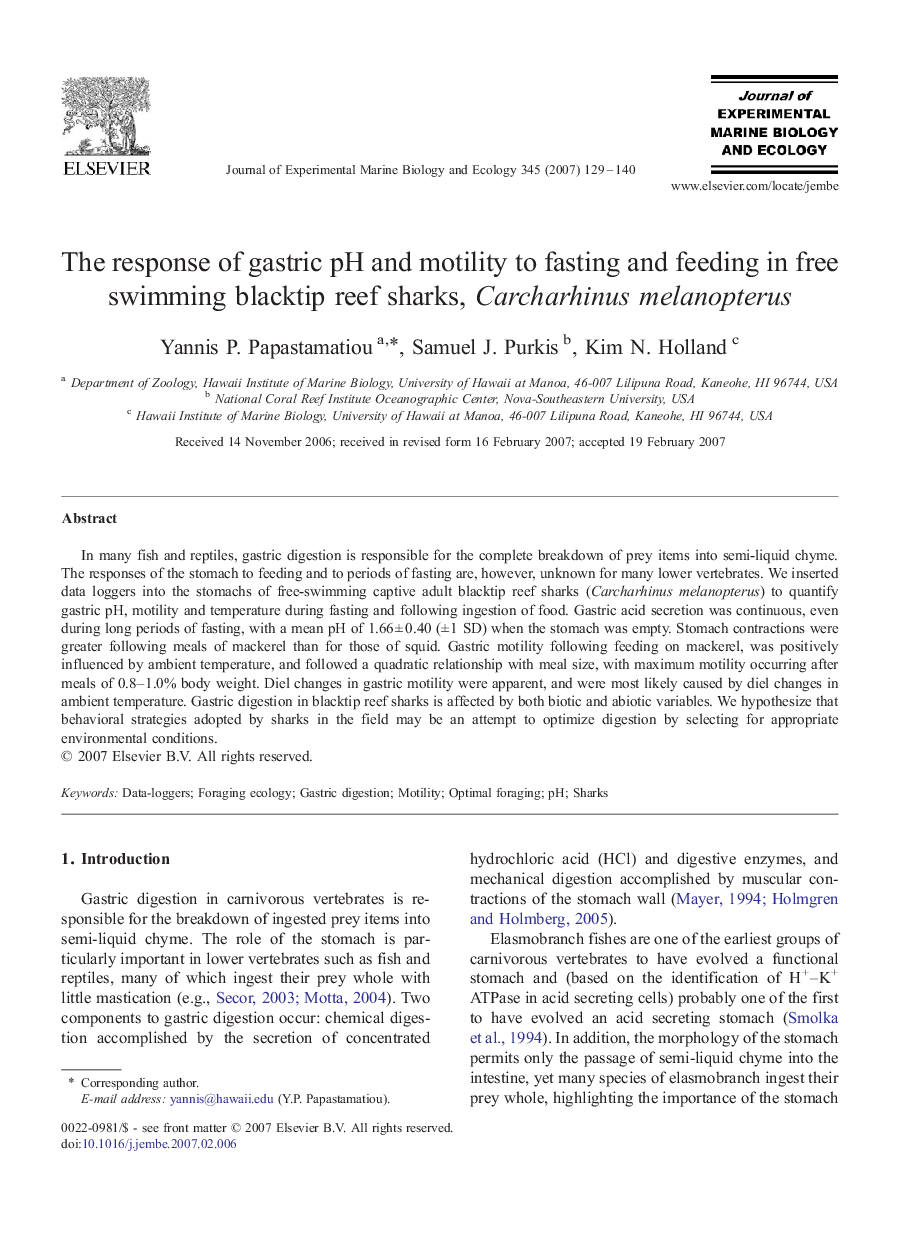 The response of gastric pH and motility to fasting and feeding in free swimming blacktip reef sharks, Carcharhinus melanopterus