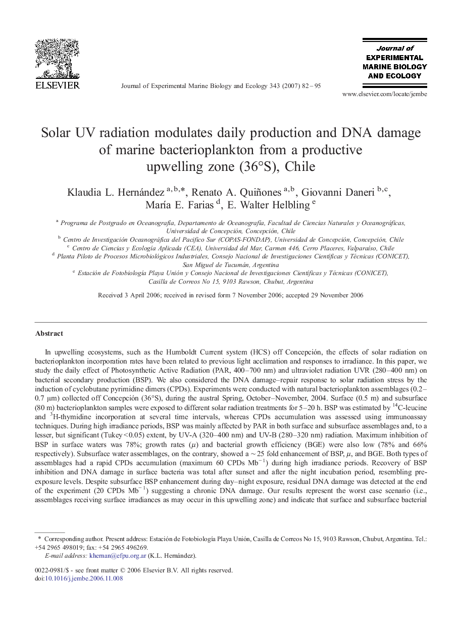 Solar UV radiation modulates daily production and DNA damage of marine bacterioplankton from a productive upwelling zone (36°S), Chile