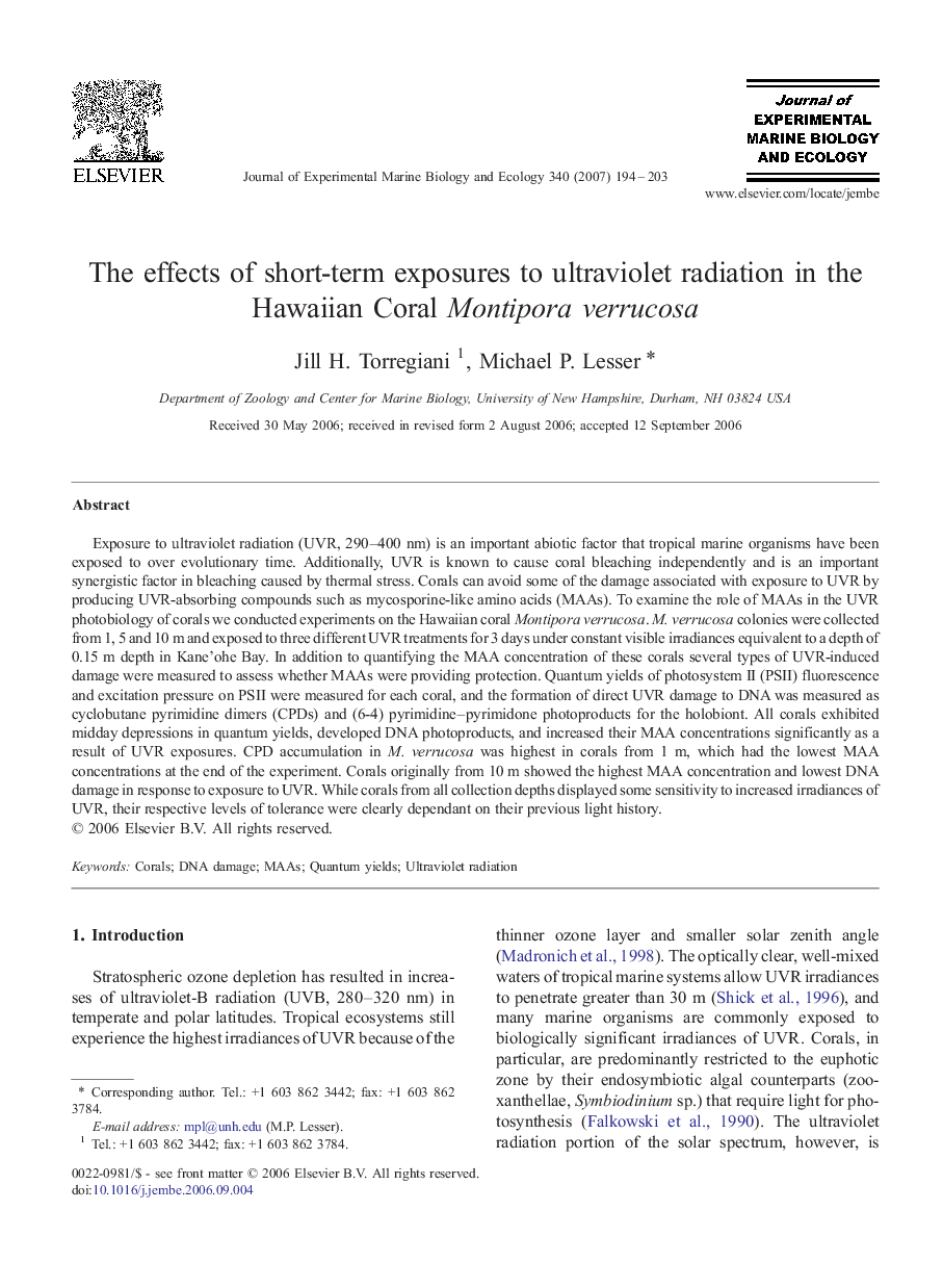 The effects of short-term exposures to ultraviolet radiation in the Hawaiian Coral Montipora verrucosa