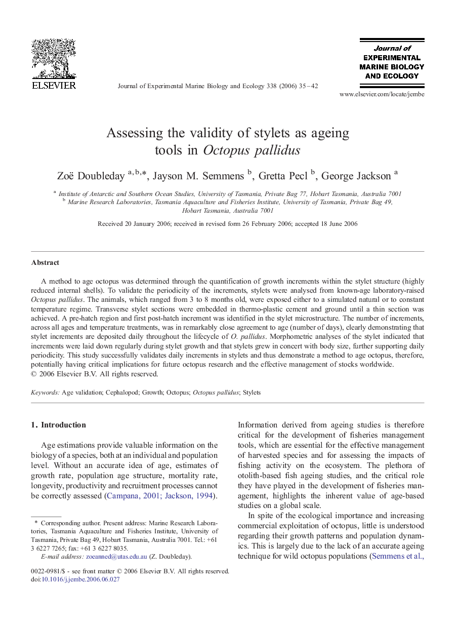 Assessing the validity of stylets as ageing tools in Octopus pallidus