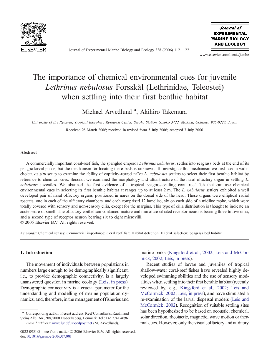 The importance of chemical environmental cues for juvenile Lethrinus nebulosus ForsskÃ¥l (Lethrinidae, Teleostei) when settling into their first benthic habitat