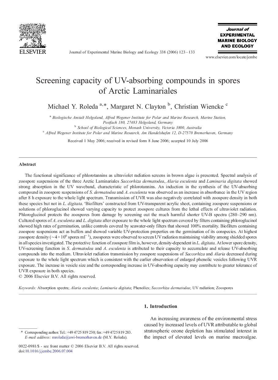 Screening capacity of UV-absorbing compounds in spores of Arctic Laminariales