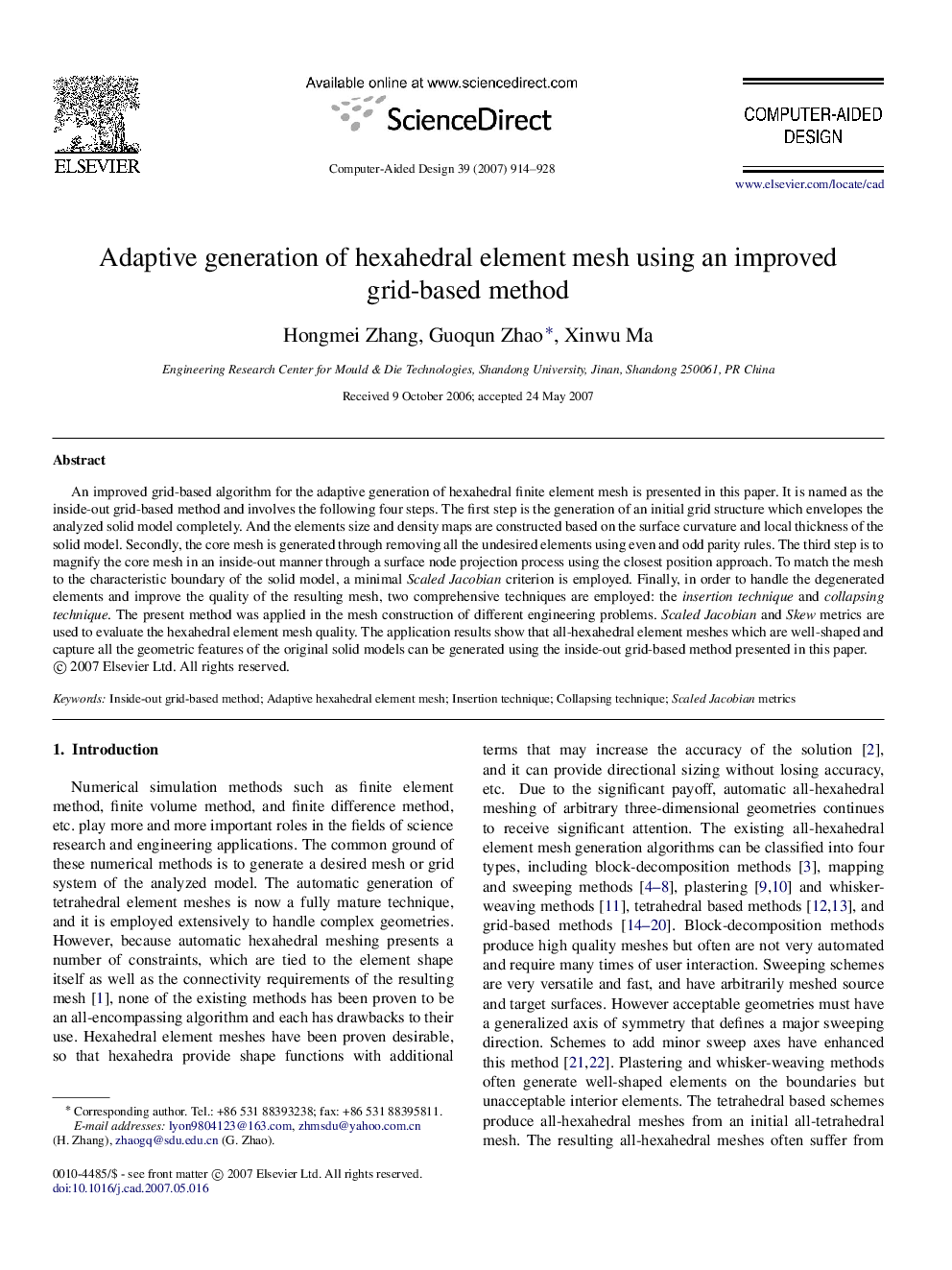 Adaptive generation of hexahedral element mesh using an improved grid-based method