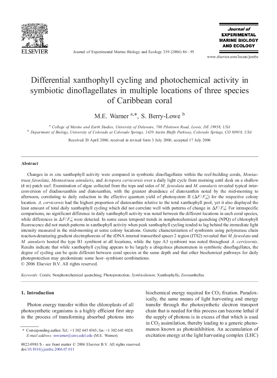 Differential xanthophyll cycling and photochemical activity in symbiotic dinoflagellates in multiple locations of three species of Caribbean coral