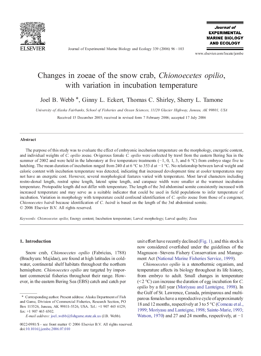 Changes in zoeae of the snow crab, Chionoecetes opilio, with variation in incubation temperature