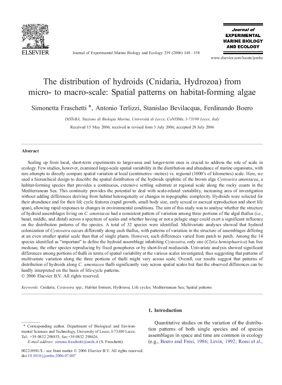 The distribution of hydroids (Cnidaria, Hydrozoa) from micro- to macro-scale: Spatial patterns on habitat-forming algae