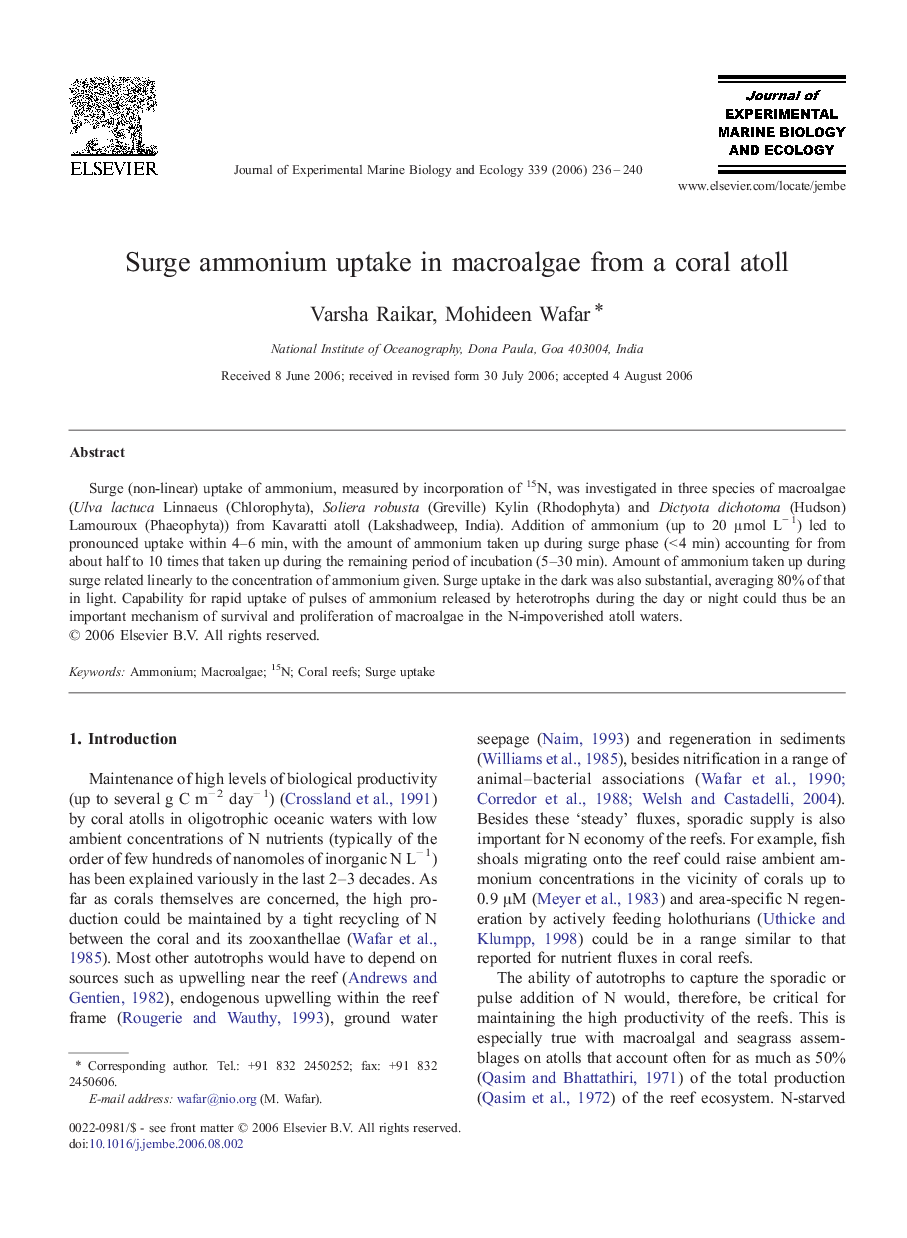 Surge ammonium uptake in macroalgae from a coral atoll