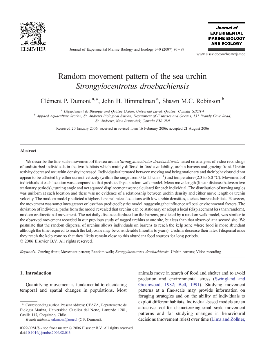 Random movement pattern of the sea urchin Strongylocentrotus droebachiensis