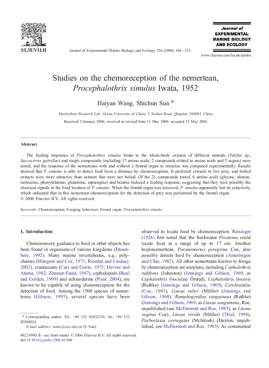 Studies on the chemoreception of the nemertean, Procephalothrix simulus Iwata, 1952