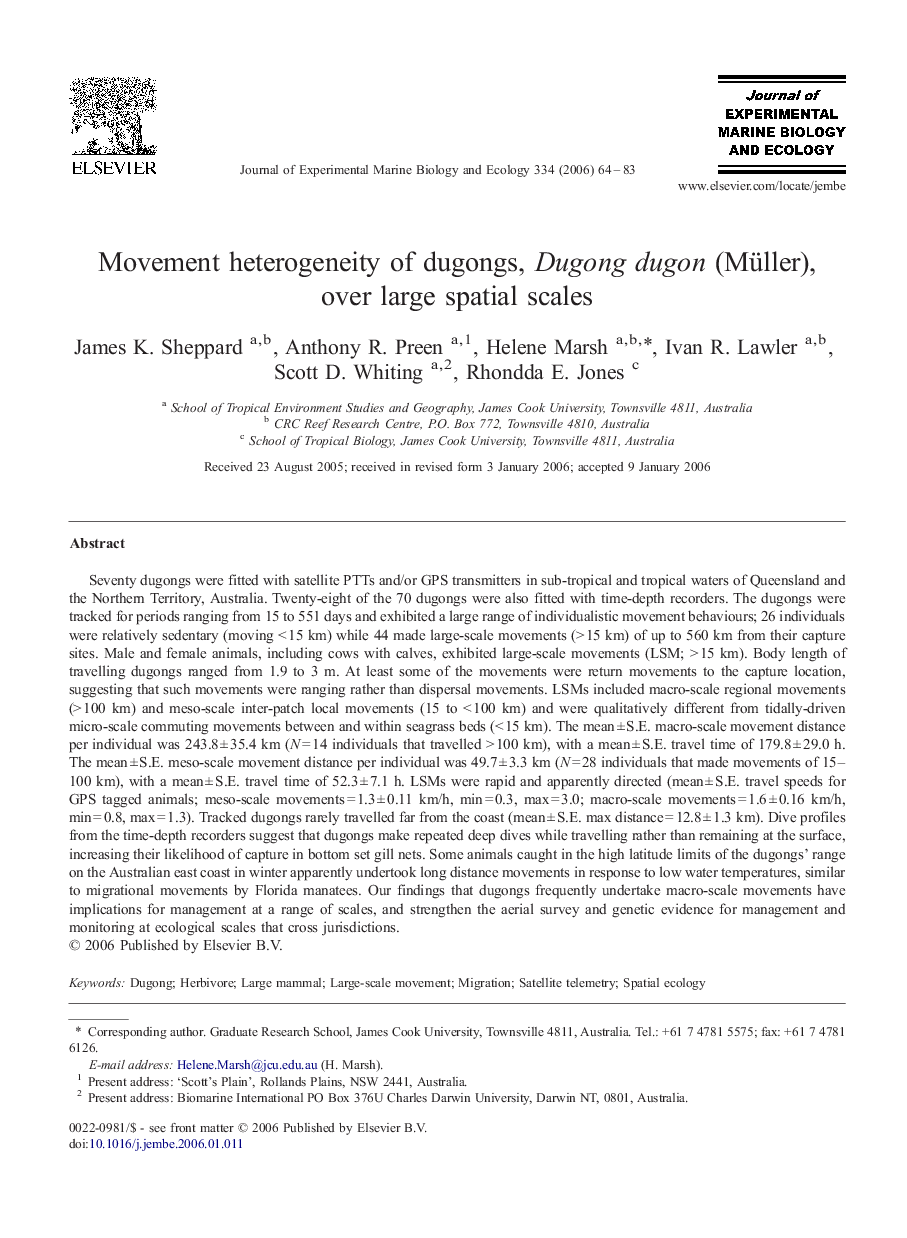 Movement heterogeneity of dugongs, Dugong dugon (Müller), over large spatial scales