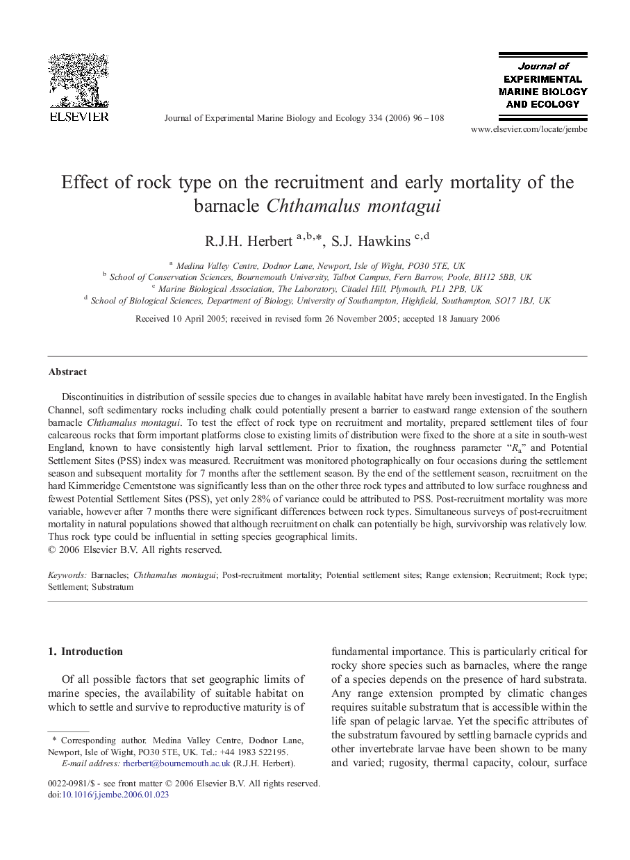 Effect of rock type on the recruitment and early mortality of the barnacle Chthamalus montagui