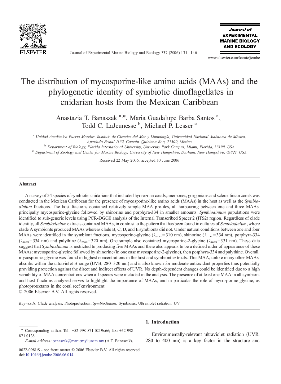 The distribution of mycosporine-like amino acids (MAAs) and the phylogenetic identity of symbiotic dinoflagellates in cnidarian hosts from the Mexican Caribbean