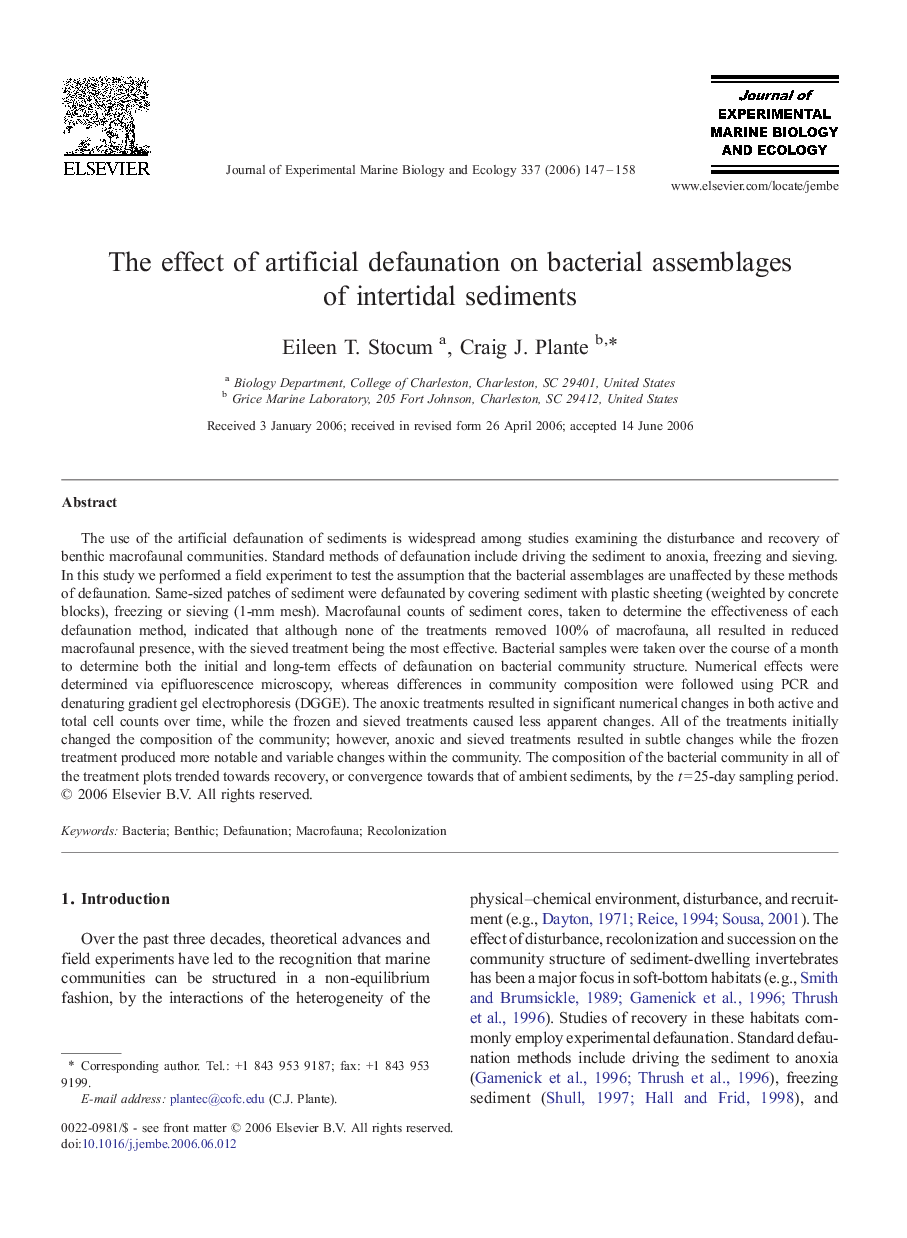 The effect of artificial defaunation on bacterial assemblages of intertidal sediments