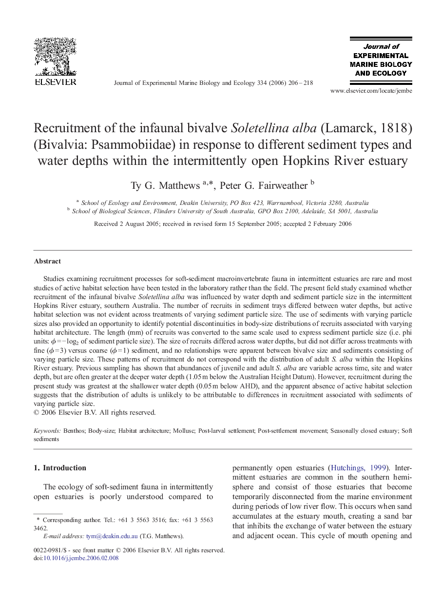 Recruitment of the infaunal bivalve Soletellina alba (Lamarck, 1818) (Bivalvia: Psammobiidae) in response to different sediment types and water depths within the intermittently open Hopkins River estuary