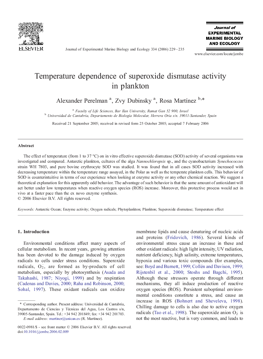 Temperature dependence of superoxide dismutase activity in plankton