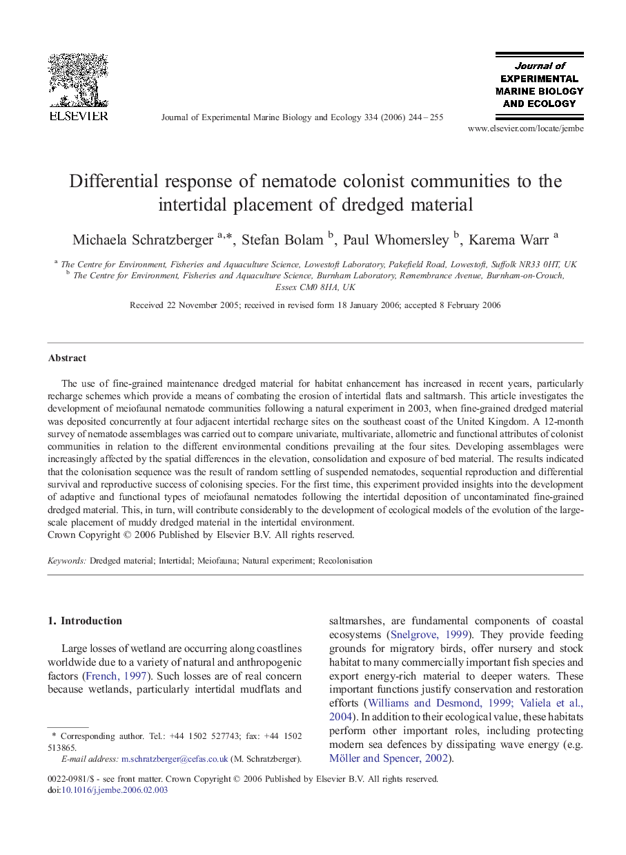 Differential response of nematode colonist communities to the intertidal placement of dredged material