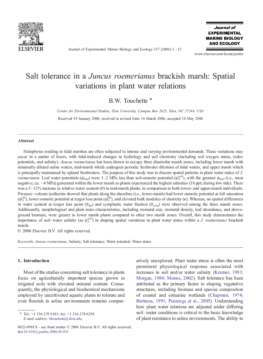 Salt tolerance in a Juncus roemerianus brackish marsh: Spatial variations in plant water relations