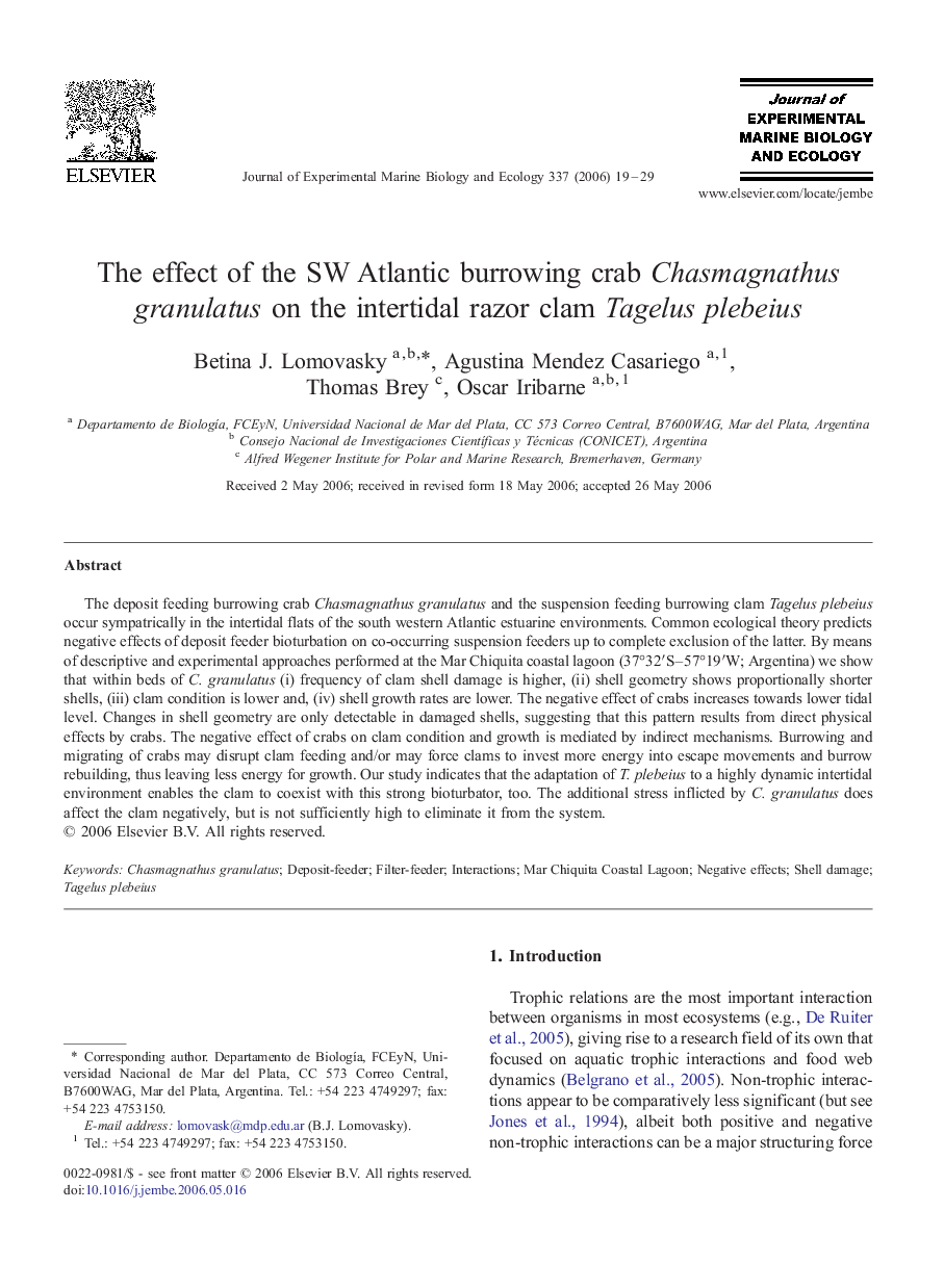 The effect of the SW Atlantic burrowing crab Chasmagnathus granulatus on the intertidal razor clam Tagelus plebeius