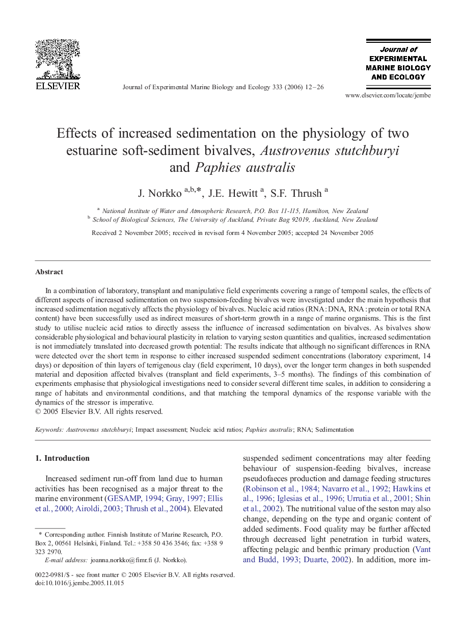 Effects of increased sedimentation on the physiology of two estuarine soft-sediment bivalves, Austrovenus stutchburyi and Paphies australis