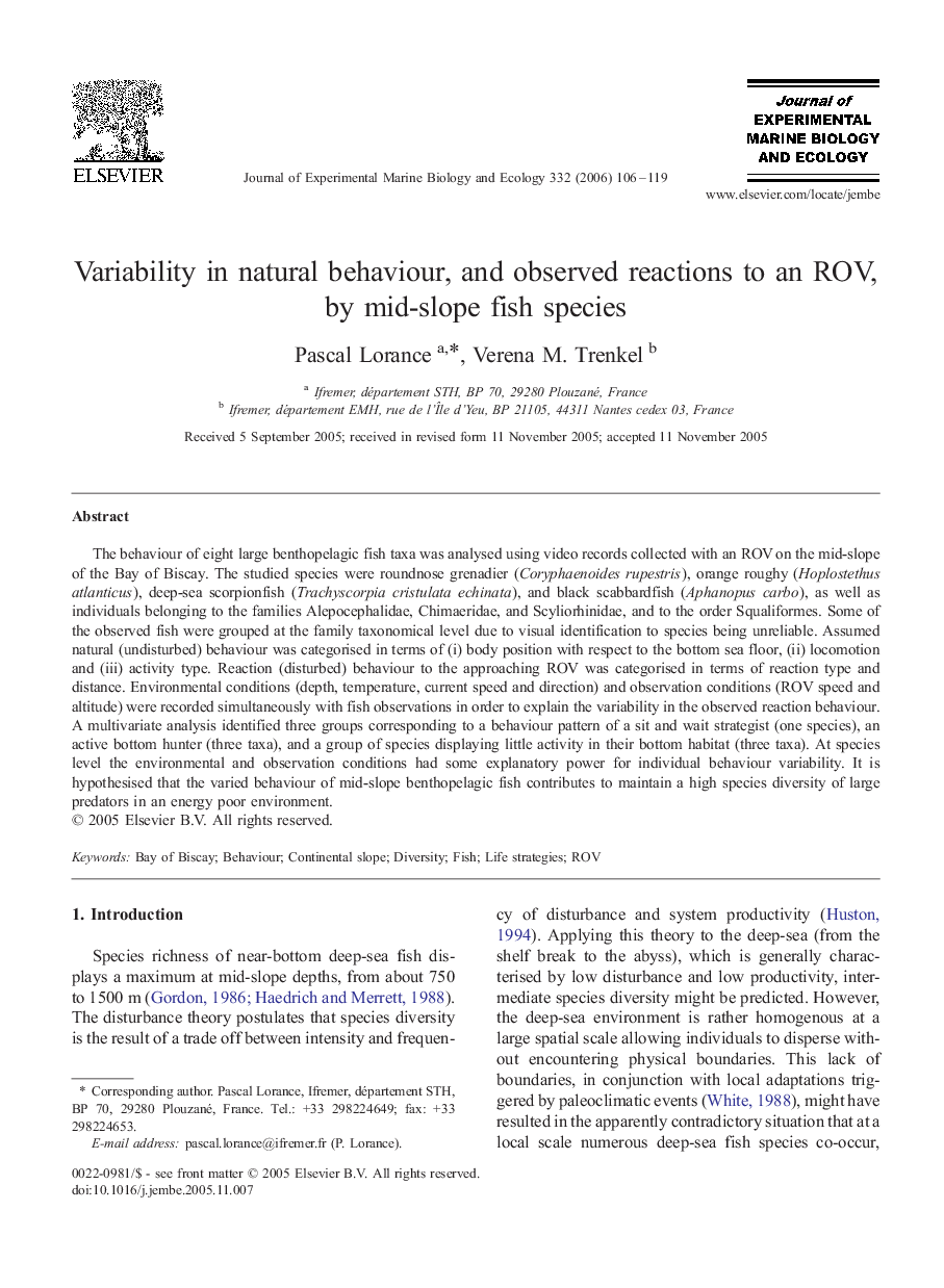 Variability in natural behaviour, and observed reactions to an ROV, by mid-slope fish species