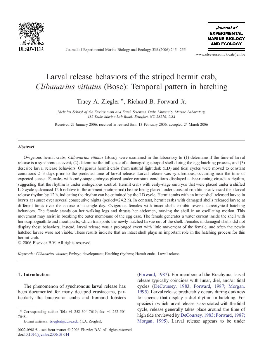 Larval release behaviors of the striped hermit crab, Clibanarius vittatus (Bosc): Temporal pattern in hatching