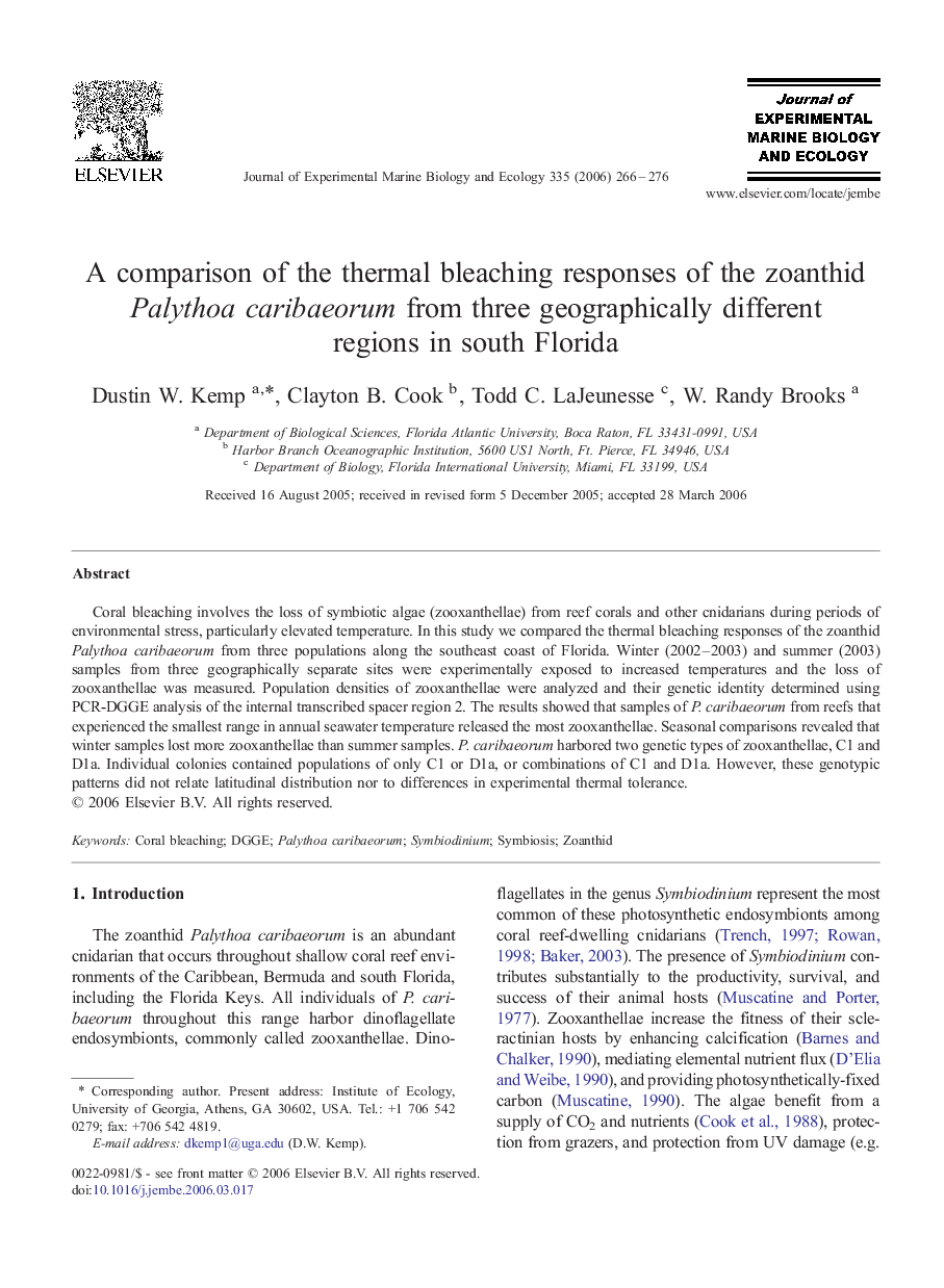 A comparison of the thermal bleaching responses of the zoanthid Palythoa caribaeorum from three geographically different regions in south Florida