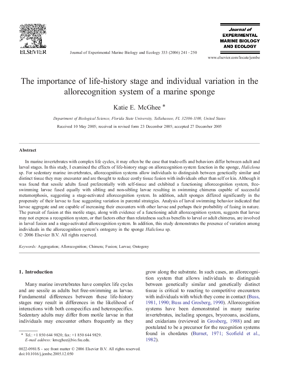 The importance of life-history stage and individual variation in the allorecognition system of a marine sponge