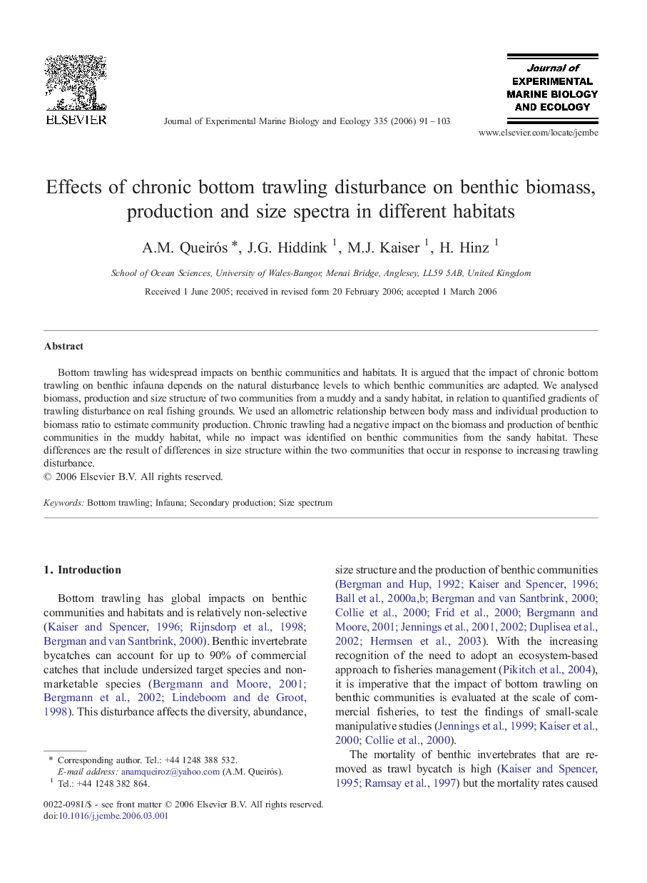 Effects of chronic bottom trawling disturbance on benthic biomass, production and size spectra in different habitats