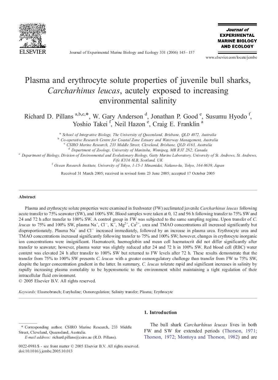 Plasma and erythrocyte solute properties of juvenile bull sharks, Carcharhinus leucas, acutely exposed to increasing environmental salinity