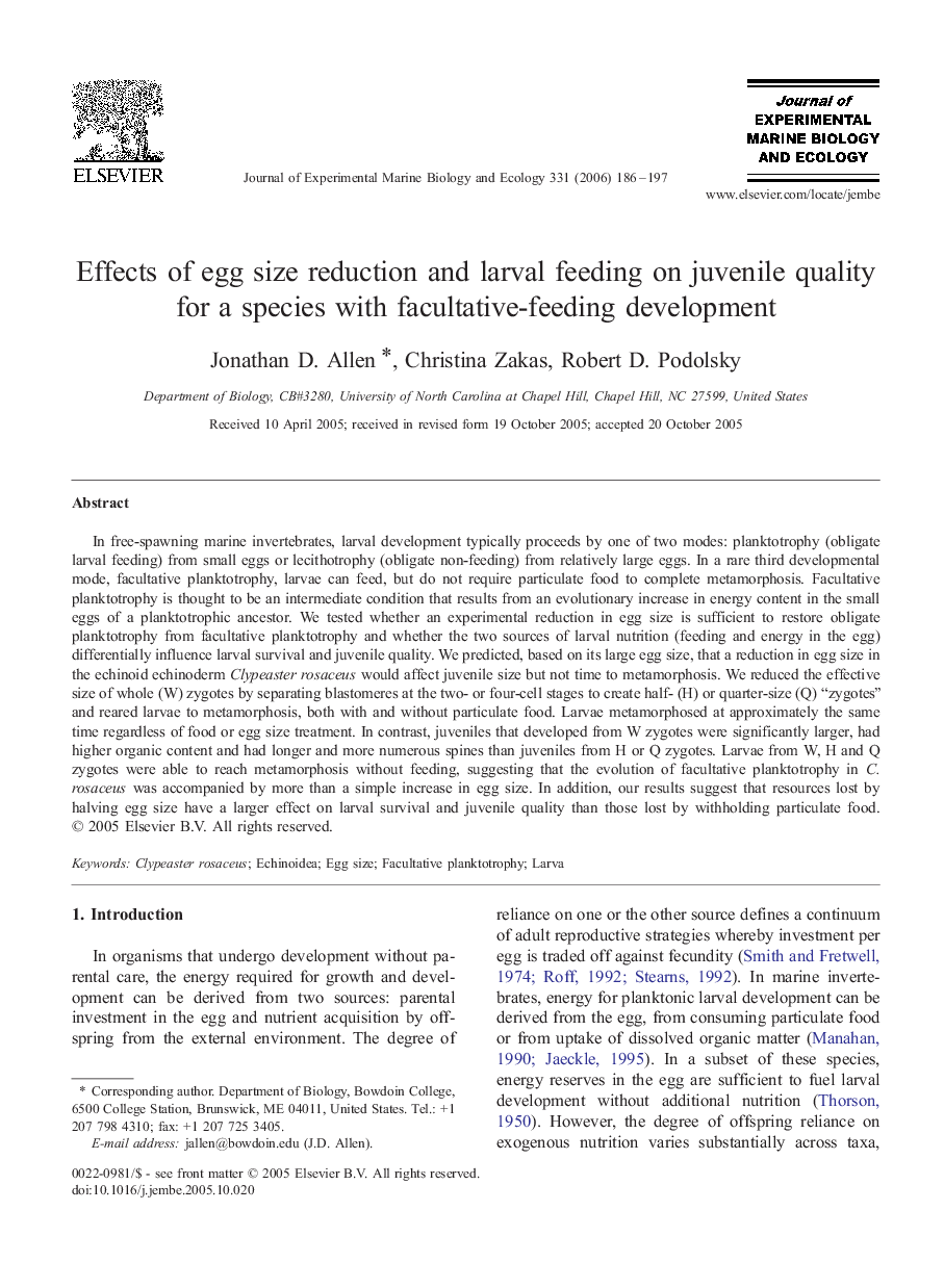 Effects of egg size reduction and larval feeding on juvenile quality for a species with facultative-feeding development