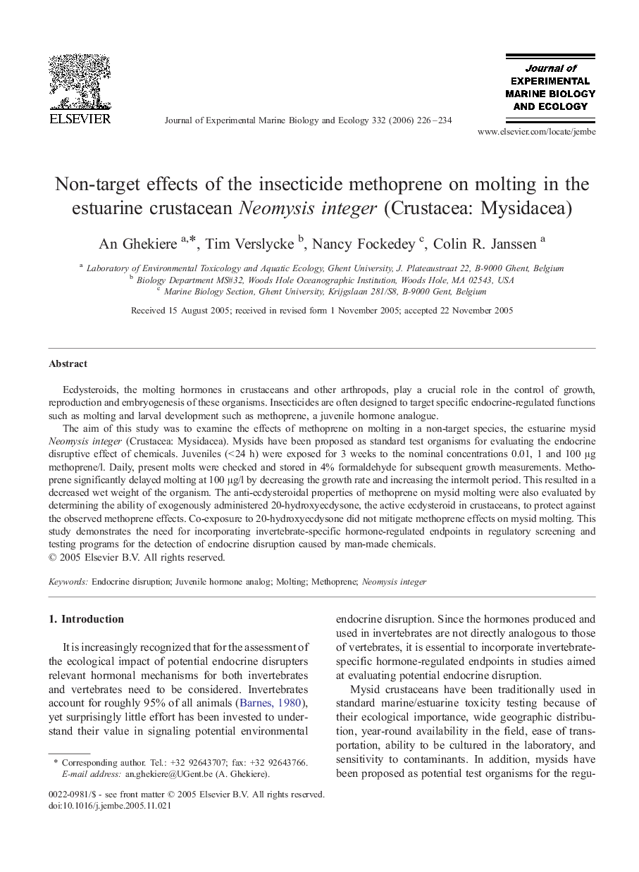 Non-target effects of the insecticide methoprene on molting in the estuarine crustacean Neomysis integer (Crustacea: Mysidacea)