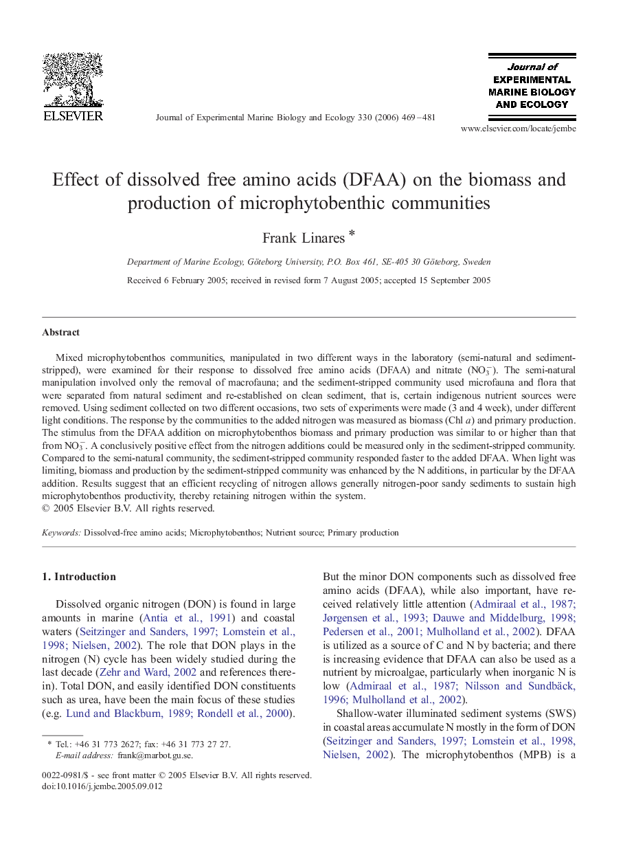 Effect of dissolved free amino acids (DFAA) on the biomass and production of microphytobenthic communities